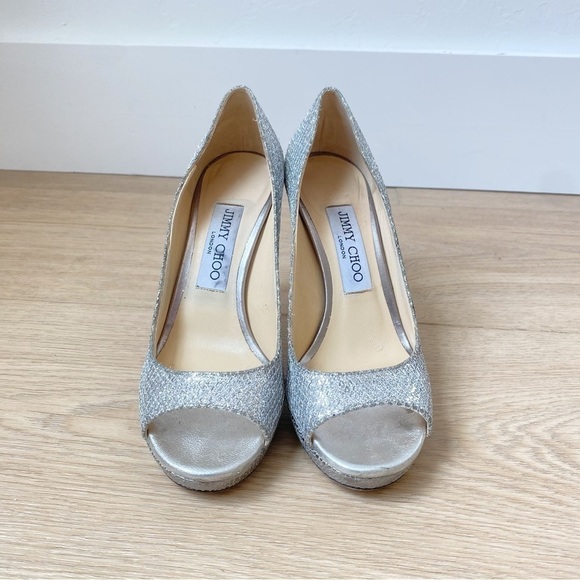 Jimmy Choo Luna 100 Champagne Glitter Fabric Peep Toe Platform Pumps - Picture 2 of 9